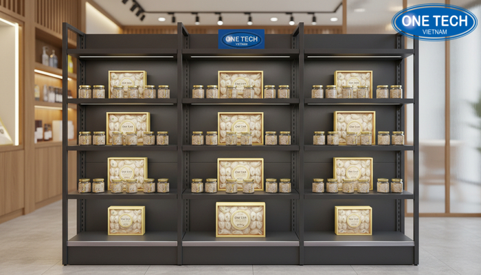 Bố trí kệ trưng bày yến sào thực tế Bố trí mẫu kệ trưng bày yến sào trong không gian showroom thực tế