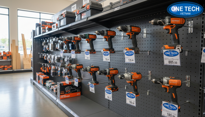 Cấu tạo kệ treo tường máy khoan Cấu tạo kệ treo máy khoan pin dạng tường với móc treo và bảng giá