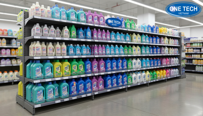 Cấu tạo kệ trưng bày nước giặt Chi tiết cấu tạo kệ trưng bày nước giặt gồm chân trụ, mâm tầng và gờ chặn