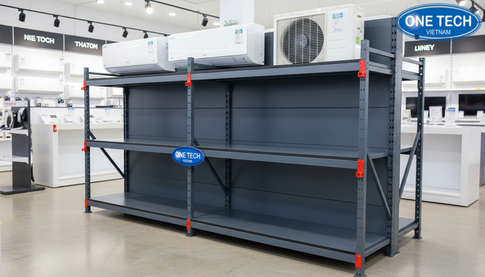 Khóa chặn an toàn cho kệ trưng bày điều hoà Chi tiết khóa chặn an toàn và gờ chống trượt trên kệ trưng bày điều hoà