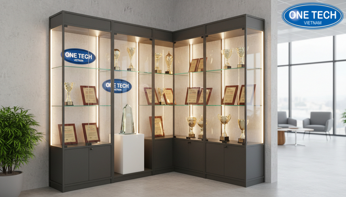Góc trưng bày bằng khen trong văn phòng Góc trưng bày bằng khen gọn gàng trong văn phòng với tủ kính và ánh sáng phù hợp