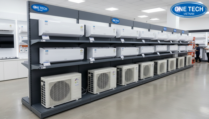 Hoàn thiện kệ trưng bày điều hoà thẩm mỹ Hoàn thiện dãy kệ trưng bày điều hoà đồng bộ màu sắc, bố cục gọn gàng