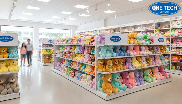 Infographic lợi ích của kệ trưng bày gấu bông: thẩm mỹ, trải nghiệm, thương hiệu, quản lý tồn kho