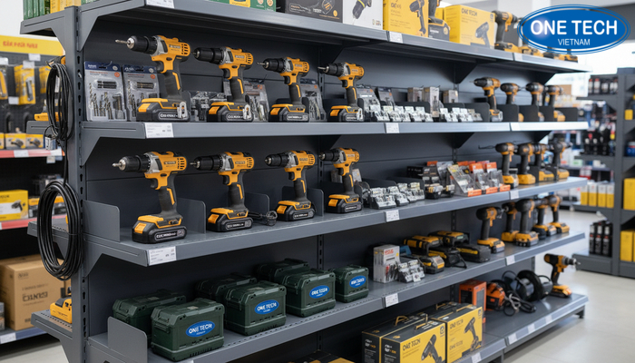 Bố trí kệ trưng bày máy khoan và phụ kiện Bố trí máy khoan phụ kiện trên kệ đa năng gọn gàng