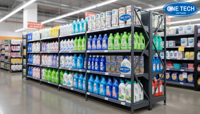 Kệ đa tầng khay chịu lực cho nước giặt Kệ đa tầng có khay chịu lực trưng bày nhiều chai can nước giặt