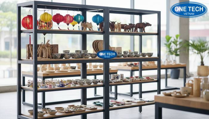 Kệ đa tầng mở thoáng giúp khách dễ xem đồ lưu niệm