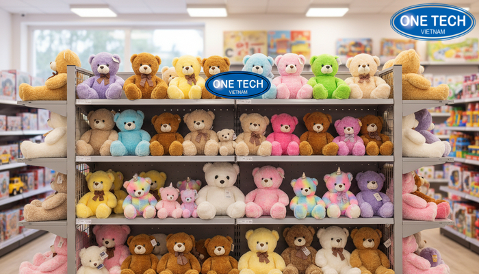 Mẫu kệ trưng bày gấu bông đa tầng giúp sắp xếp theo kích thước và chủ đề