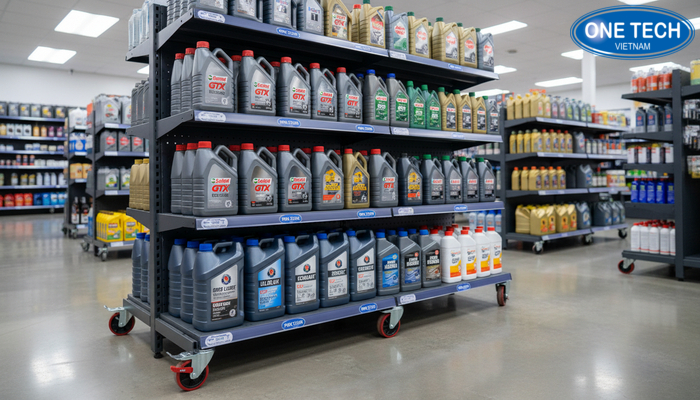 Ke trung bay dau nhot co banh xe khoa chot de di chuyen linh hoat