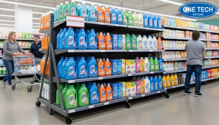 Kệ di động trưng bày nước giặt Kệ di động bánh xe trưng bày nước giặt phục vụ chương trình khuyến mãi