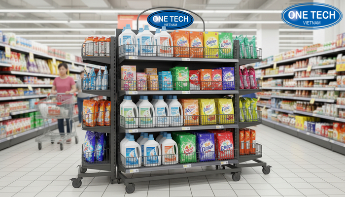 Kệ khuyến mãi nước giặt Kệ di động trưng bày khuyến mãi nước giặt đặt ở đầu dãy