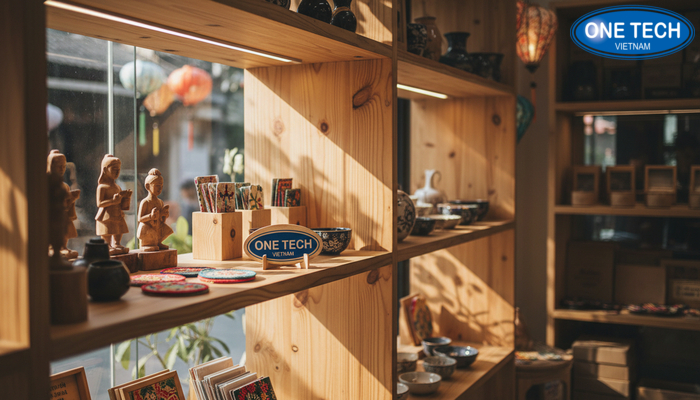 Kệ gỗ trưng bày đồ lưu niệm phong cách ấm áp