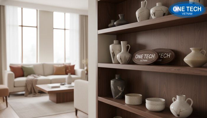Không gian phòng khách sử dụng kệ gỗ bày đồ gốm sứ tạo cảm giác ấm và sang