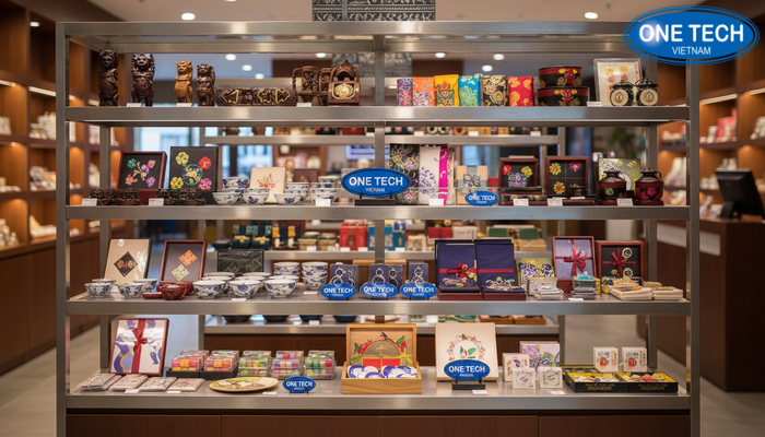 Kệ inox trưng bày quà tặng lưu niệm kiểu hiện đại