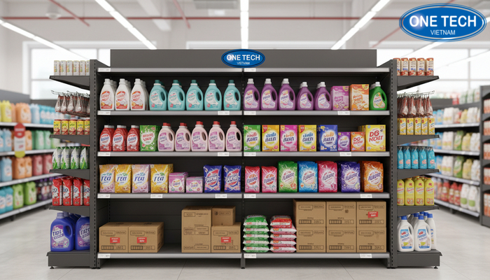 Kệ trưng bày nước giặt kết hợp lưu trữ Kệ kết hợp trưng bày và lưu trữ nước giặt tối ưu không gian