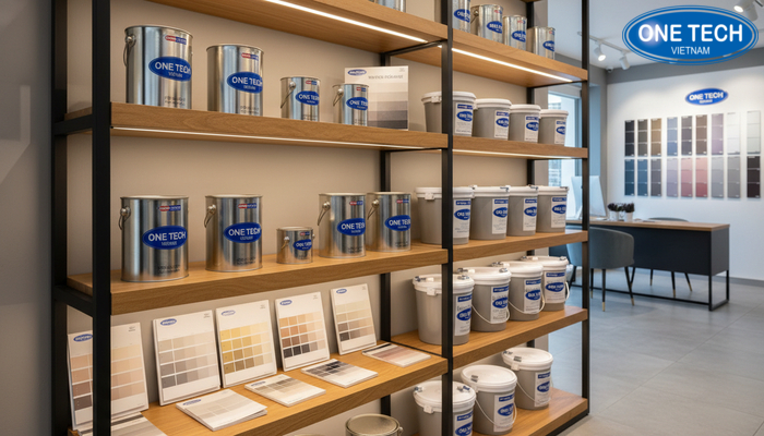 Kệ khung sắt phối mâm gỗ MDF cho showroom sơn nước