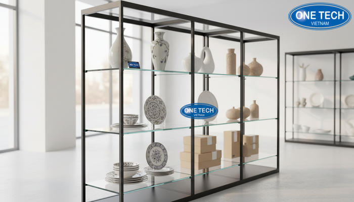 Kệ kính trưng bày đồ sứ giúp làm nổi bật men gốm và hoa văn dưới ánh sáng