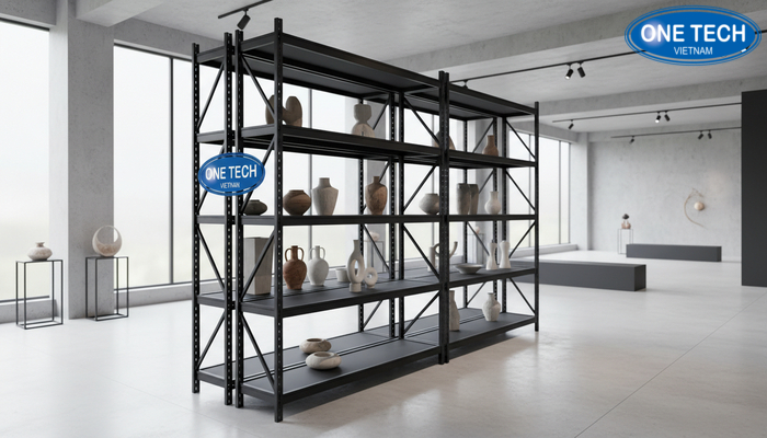 Kệ lửng không kính tạo bố cục thoáng và dễ bày trí gốm sứ