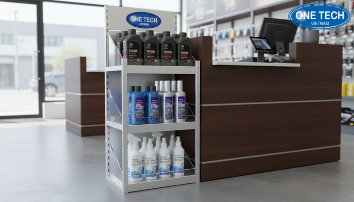 Ke mini trung bay dau nhot va san pham cham soc xe gan quay thu ngan