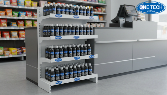 Ke nhua 3 tang trung bay chai dau nhot dung tich nho