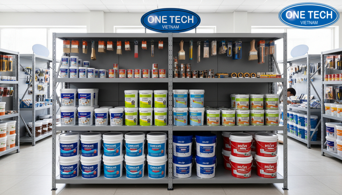 Kệ sắt lắp ráp đa tầng trưng bày thùng sơn nước