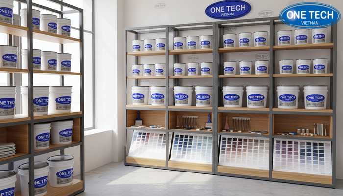 Kệ trưng bày sơn nước cho showroom, thiết kế thẩm mỹ và đồng bộ nhận diện