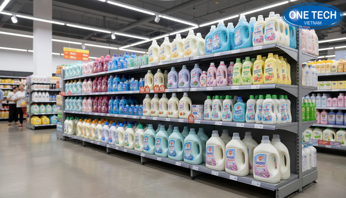 Kệ thép sơn tĩnh điện trưng bày nước giặt Kệ thép sơn tĩnh điện dùng trưng bày nước giặt và nước xả trong siêu thị