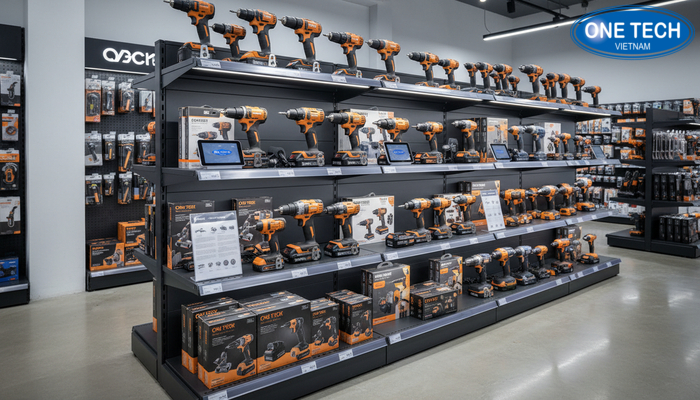 Kệ trưng bày máy khoan có đèn LED Kệ trưng bày máy khoan tích hợp đèn LED và bảng giá
