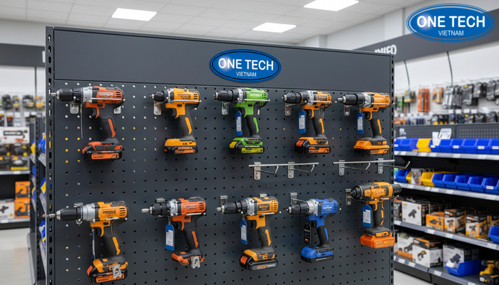 Kệ treo tường trưng bày máy khoan pin Kệ treo tường máy khoan pin dạng tấm lưng và móc treo