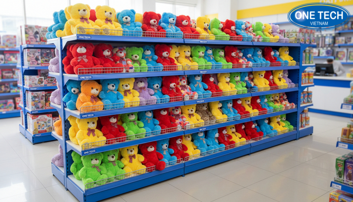 Các loại kệ trưng bày gấu bông phổ biến như kệ để sàn, kệ treo tường, kệ mica, kệ đa tầng