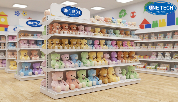 Mẫu kệ trưng bày gấu bông in UV hoặc dán decal thương hiệu tăng nhận diện