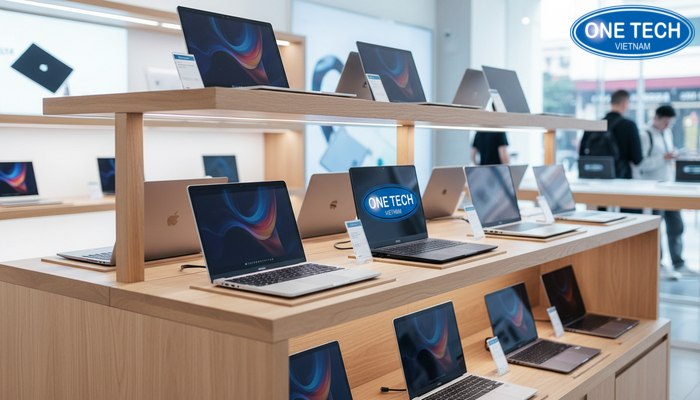 Kệ trưng bày laptop bằng gỗ, bố cục gọn và dễ phối màu