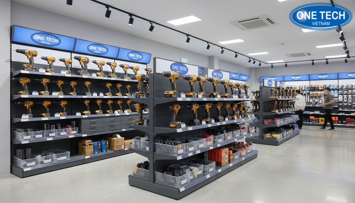 Tổng quan kệ trưng bày máy khoan Tổng quan kệ trưng bày máy khoan tại cửa hàng dụng cụ