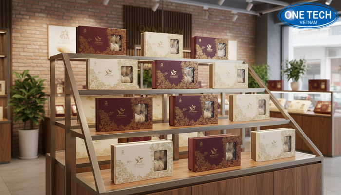 Kệ vân gỗ trưng bày yến sào Kệ vân gỗ trưng bày yến sào sang trọng, phù hợp cửa hàng quà biếu