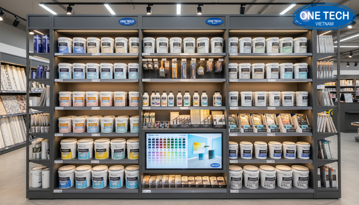 Khu bảng màu kết hợp kệ trưng bày giúp khách dễ chọn sơn