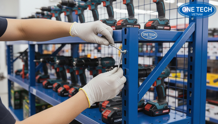 Kiểm tra kệ trưng bày máy khoan Minh họa kiểm tra ốc nối và điểm chịu lực của kệ trưng bày máy khoan