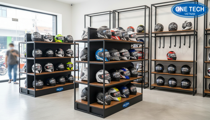 Hinh anh lap dat thuc te ke trung bay mu bao hiem tai Da Nang