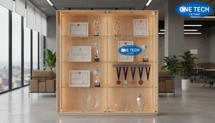 Kệ trưng bày bằng khen gỗ thông phối kính tối giản Mẫu kệ trưng bày bằng khen gỗ thông tự nhiên phối kính trong suốt phong cách tối giản