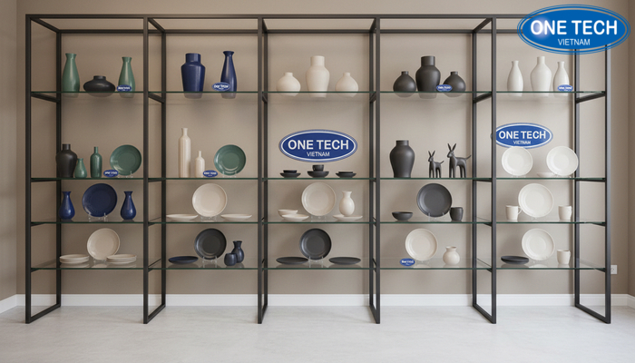Mẫu kệ kính trưng bày đồ sứ sang trọng cho cửa hàng