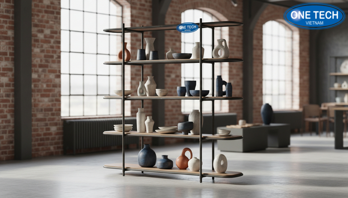 Mẫu kệ sắt nghệ thuật trưng bày gốm sứ phong cách công nghiệp