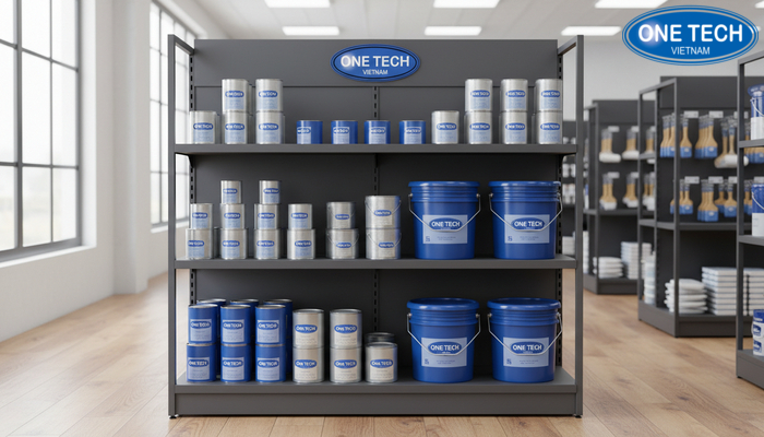 Mẫu kệ trưng bày tối giản, phối màu hài hòa với nhận diện thương hiệu sơn