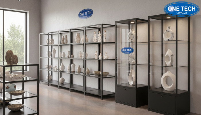 Mẫu kệ trưng bày gốm sứ và tủ kính trưng bày đồ sứ đẹp tại cửa hàng