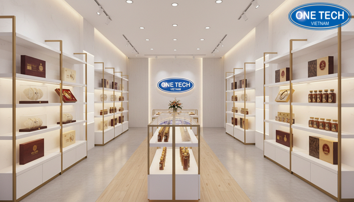 Bố trí showroom yến sào hiệu quả Mô hình bố trí showroom yến sào với kệ trưng bày khoa học, lối đi thoáng