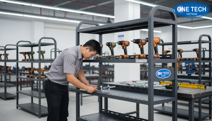 Quy trình sản xuất kệ trưng bày máy khoan Quy trình gia công kệ trưng bày máy khoan tại xưởng