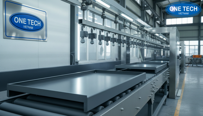 Sản xuất kệ trưng bày nước giặt Minh họa quy trình sản xuất kệ thép sơn tĩnh điện