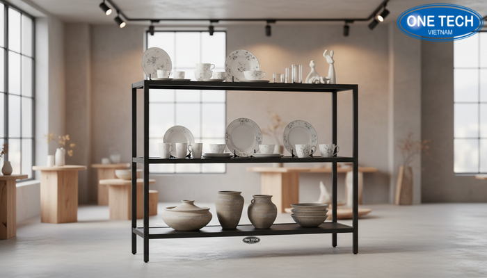 Sắp xếp gốm sứ an toàn trên kệ trưng bày theo nguyên tắc nặng dưới nhẹ trên