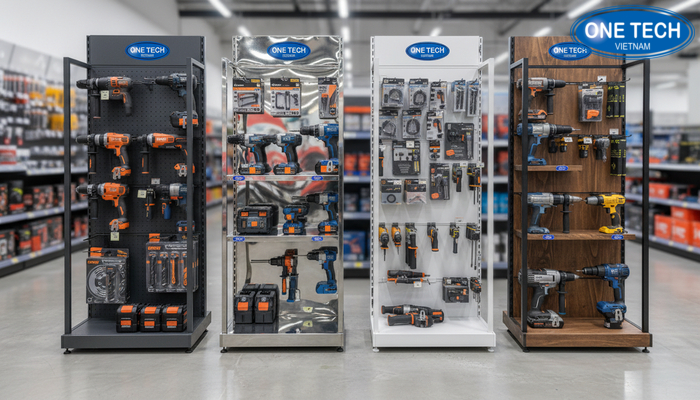 So sánh chất liệu kệ trưng bày máy khoan So sánh chất liệu kệ trưng bày máy khoan thép sơn tĩnh điện inox nhôm gỗ