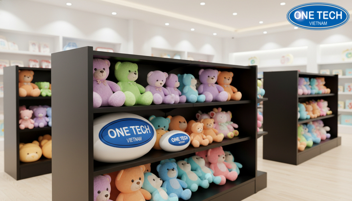 Bảng so sánh chất liệu kệ trưng bày gấu bông: thép sơn tĩnh điện, mica, gỗ, nhựa, inox