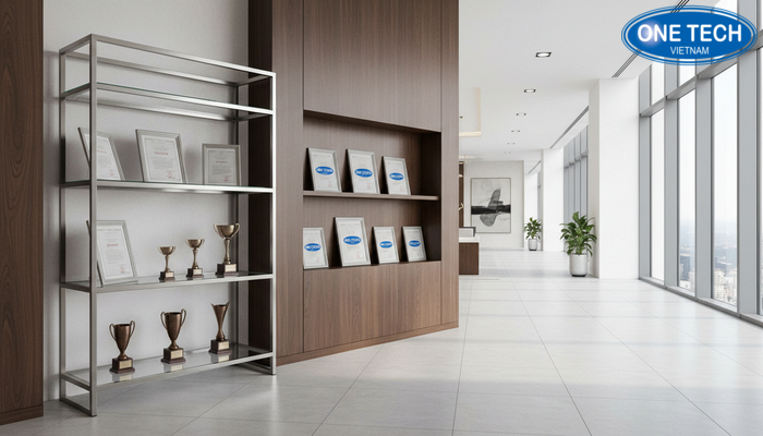 So sánh ưu nhược điểm kệ đứng và kệ âm tường So sánh kệ trưng bày bằng khen dạng đứng và dạng âm tường theo diện tích và thi công