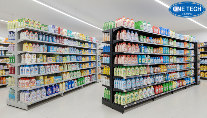 So sánh thiết kế kệ trưng bày nước giặt So sánh kệ lắp ghép và kệ thép sơn tĩnh điện dùng cho nước giặt