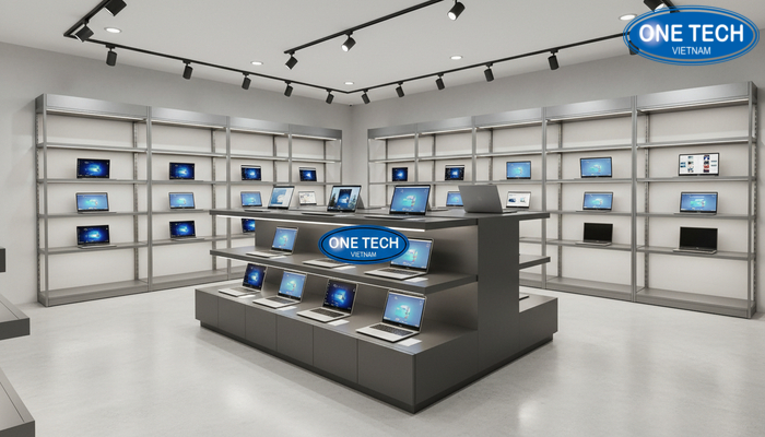 So sánh kích thước kệ trưng bày laptop theo diện tích cửa hàng